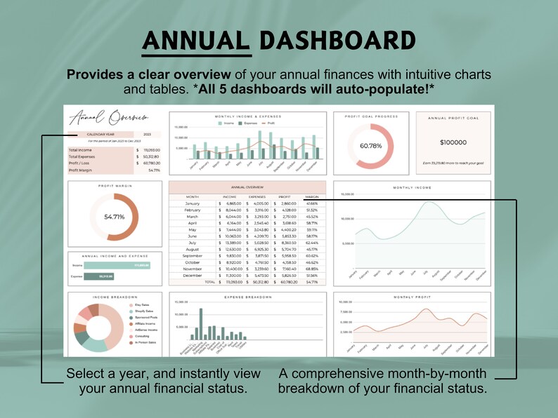 Op de afbeelding: Een dashboard met grafieken en diagrammen die jaarlijkse financi&euml;le gegevens weergeven. Het dashboard toont een winstmarge van 54,71%, een voortgang van het winstdoel van 60,78% en een jaarlijks winstdoel van &euro;100.000. Het dashboard bevat ook een maandelijkse uitsplitsing van inkomsten en uitgaven, evenals een grafiek van de maandelijkse winsten.