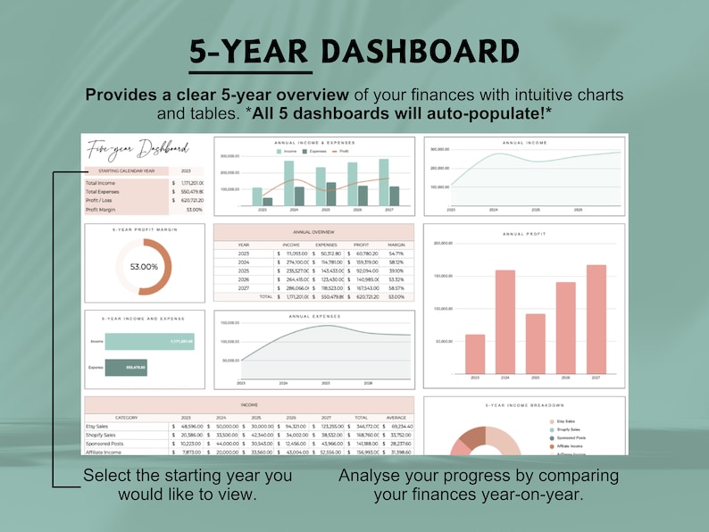 Op de afbeelding: Een 5-jaren dashboard met grafieken en tabellen om financi&euml;n bij te houden. Het dashboard omvat jaarlijkse inkomsten en uitgaven, winstmarge en inkomstenverdeling. Het dashboard is ontworpen om gebruikers te helpen hun financi&euml;le vooruitgang jaar na jaar te analyseren.