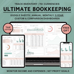 以下が含まれることがあります： さまざまなグラフとチャートが表示されたGoogleスプレッドシートを映し出すラップトップコンピューター。スプレッドシートのタイトルは「Ultimate Bookkeeping」で、「Tax Edition」というテキストが含まれています。ラップトップは、タブレットとスマートフォンという2つの小さな画面に囲まれており、これらもスプレッドシートを表示しています。画像の上部には「TRACK INVENTORY | 70+ CURRENCIES」というテキストが表示されています。画像の下部には「MONITOR INCOME AND EXPENSES | SET PROFIT GOALS」というテキストが表示されています。画像の右上隅にはピンク色の円の中に「FREE GIFT」というテキストが表示されています。