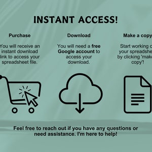 May include: A green background with white text that reads "INSTANT ACCESS!" and three icons. The first icon is a shopping cart with a cursor clicking on it. The second icon is a cloud with a downward arrow. The third icon is a document with three lines. The text below the icons reads "Feel free to reach out if you have any questions or need assistance. I'm here to help!"