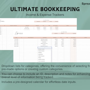May include: A pink and white spreadsheet template for tracking income and expenses. The spreadsheet includes columns for date, ID, product or service, category, amount, tax, fees, net income, and notes. The spreadsheet is labeled "Ultimate Bookkeeping: Income & Expense Trackers".