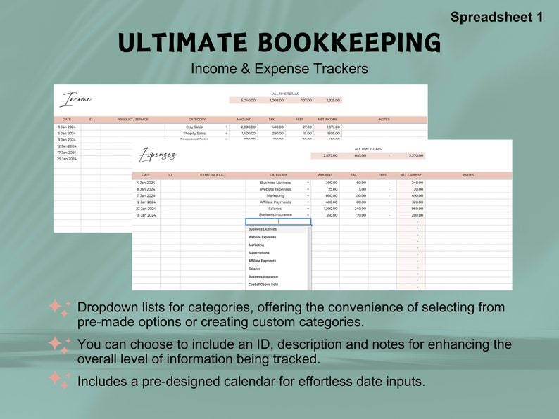 May include: A pink and white spreadsheet template for tracking income and expenses. The spreadsheet includes columns for date, ID, product or service, category, amount, tax, fees, net income, and notes. The spreadsheet is labeled "Ultimate Bookkeeping: Income & Expense Trackers".