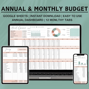 May include: A Google Sheets template for creating an annual and monthly budget. The template includes a dashboard with charts and graphs, as well as individual tabs for each month. The template is designed to be easy to use and helps users track their income and expenses.