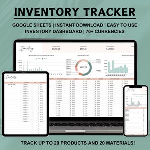 Op de afbeelding: Een screenshot van een Google Sheets-spreadsheet met een dashboard voor het bijhouden van voorraad. Het dashboard bevat grafieken en diagrammen die de voorraadkosten, de waarde en de winst tonen. De spreadsheet is getiteld "Inventory Tracker" en bevat de tekst "Track up to 20 products and 20 materials!"