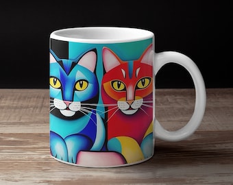 Colorful Cat Mug, Artistic Coffee Mug, Bauhaus Inspired, Cat Lover Gift, Original Art, Abstract Art, Two Colorful Cats