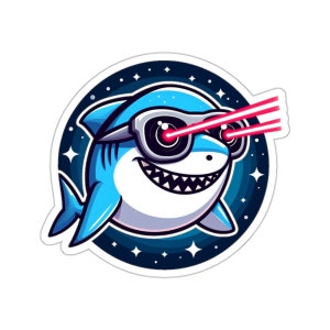 Puede incluir: Un tiburón de dibujos animados azul que lleva gafas de sol con rayos láser rojos que salen de los ojos. El tiburón está en un entorno espacial con estrellas en el fondo.