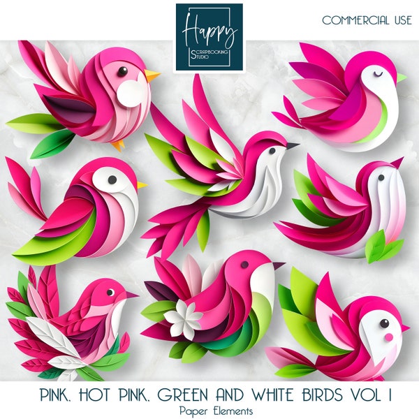 Pink, Hot Pink, Green and White Paper Birds Vol 1