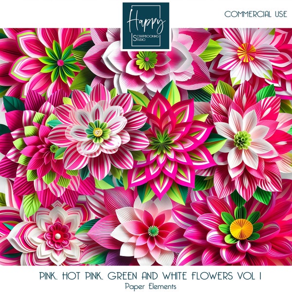 Pink, Hot Pink, Green And White Paper Flowers Vol 1