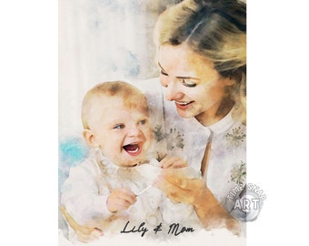 Custom Watercolor Portrait from Photo Mothers Day Gift Portrait Personalized Gift for Family child baby portrait Anniversary Birthday Gift