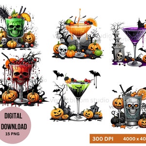 Könnte beinhalten: Set mit 15 digitalen Halloween-Cocktail-Illustrationen. Jeder Cocktail ist mit Totenköpfen, Kürbissen und anderen gruseligen Elementen verziert. Die Cocktails sind in verschiedenen Farben, darunter Grün, Rot, Lila und Orange.