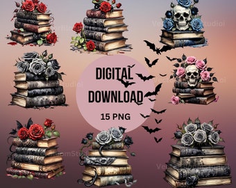 Watercolor Gothic Book Clipart: Floral Skull Illustrations (Digital Download)