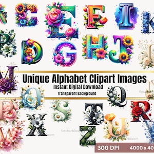 26 PNG, bloemen alfabet collectie clipart, alfabet clipart, alfabet clipart commercieel gebruik, transparante achtergrond, T-shirtontwerp