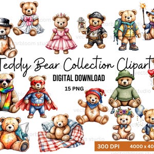Clipart di raccolta di orsetti di peluche ad acquerello, 15 PNG teneri orsetti di peluche, clipart di orsacchiotto boho, bundle di clipart per bambini, uso commerciale, digitale