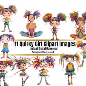 Quirky Girl Clipart: Whimsical PNG Illustrations (Digital Download)