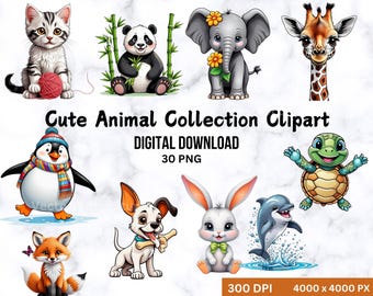 Aquarel dieren clipartcollectie, kinderkamer png-bundel (digitale download)