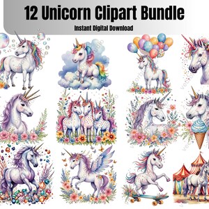 Set of 12, Unicorn Watercolor Clipart, Unicorn Сlip Art,  Unicorn Png, Cute Unicorn, Clip Art, Watercolor Unicorn Png,  Digital PNG