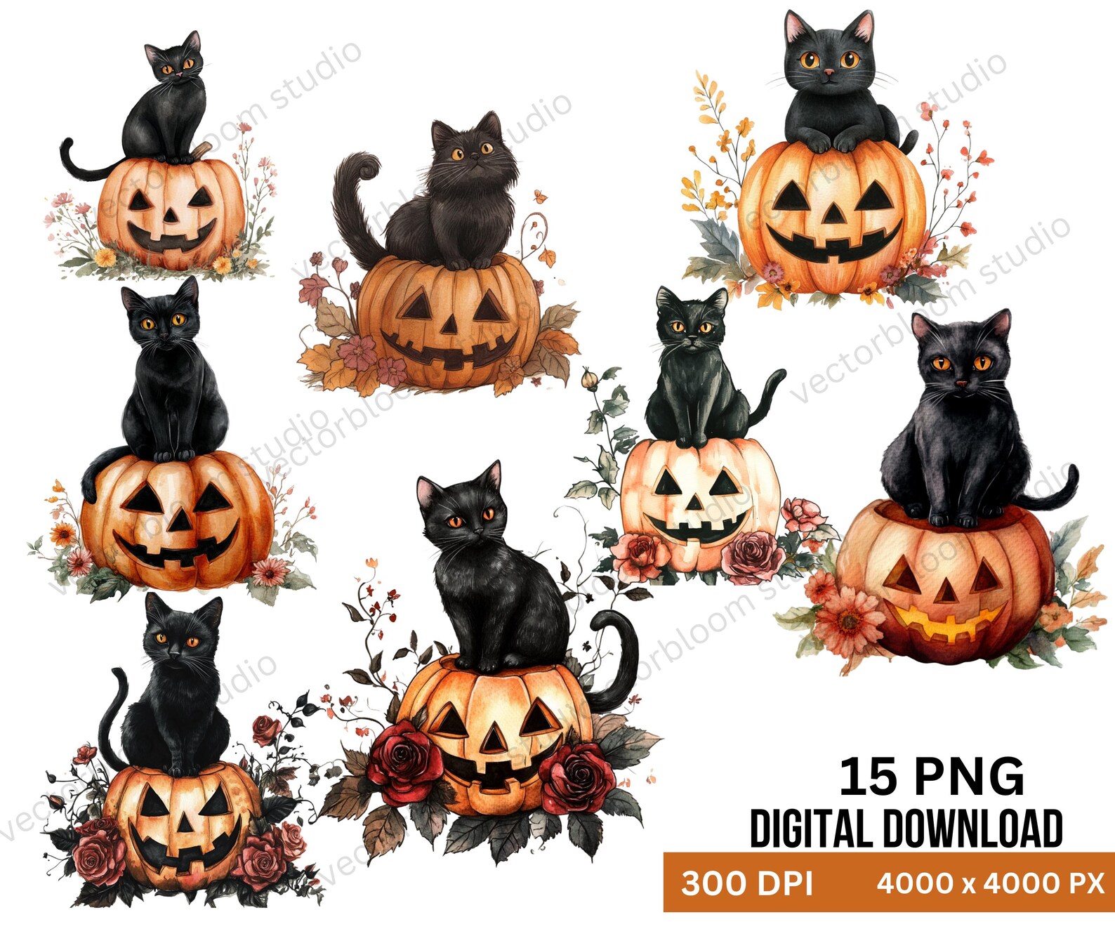 Watercolor Halloween Black Cat Clipart: Pumpkin PNG Bundle (commercial ...