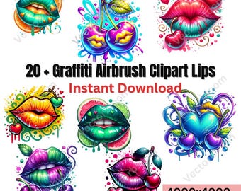 Pacote de clipart de lábios de grafite: designs de aerógrafo (download digital)