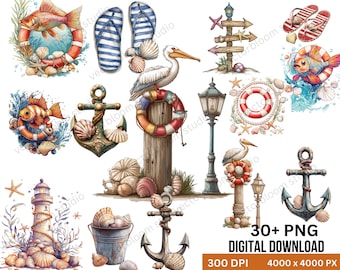 Watercolor Nautical Clipart Bundle: 30+ PNGs, Beach & Ocean (Digital Download)