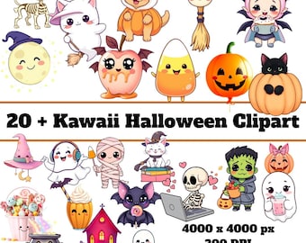 May include: A collection of over twenty Kawaii Halloween clipart images. The illustrations include a variety of cute characters such as a dog in a pumpkin costume, a cat with a witch hat, a pumpkin, and a ghost. The image also includes text that says "20 + Kawaii Halloween Clipart".