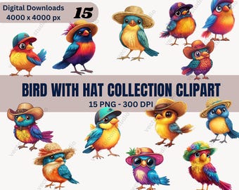 Aquarell Vogel Clipart mit Hüten: Kinderzimmer Illustration (PNG Digital Download)