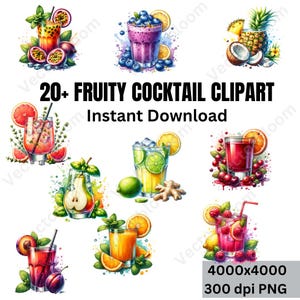20+ Fruity Cocktail Clipart,Watercolor Cocktail Juice Clipart, Drink Clipar, PNG Digital Download, Printable