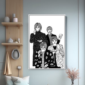 Beatles Line Drawing Canvas Wall Art, The Beatles Drinking Tea Print, Black & White Home Decor, Gift For Music Lover, Liverpool Memorabilia