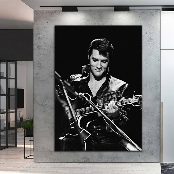 Elvis Presley Schwarz-Weiß-Leinwandkunst, King of Rock Elvis Presley, Elvis 1693 Live Performance Leinwandkunst - fertig zum Aufhängen