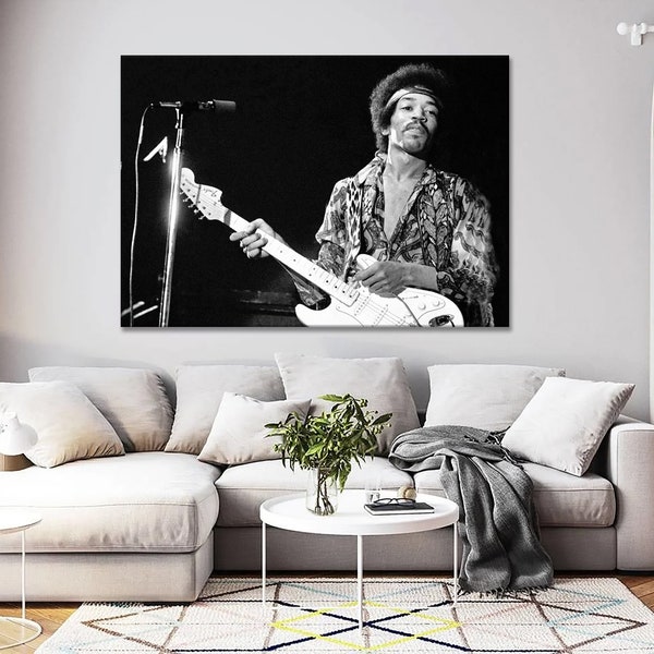 Impression sur toile Jimi Hendrix, photographie rétro en noir et blanc vintage Celebrity rock blues jazz art mural encadré sur toile