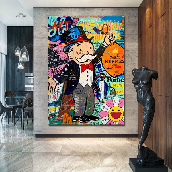 Monopoly Man Graffiti Pop Art Poster, Street Art Print, Monopoly Man Abstract Character Gift Design, Mr Monopoly Home Decor Canvas Wall Art