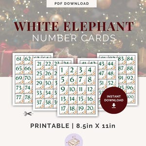 May include: Printable White Elephant number cards. The cards are white with green numbers and a dotted border. The text on the cards reads "WHITE ELEPHANT NUMBER CARDS". The cards are 8.5in x 11in.