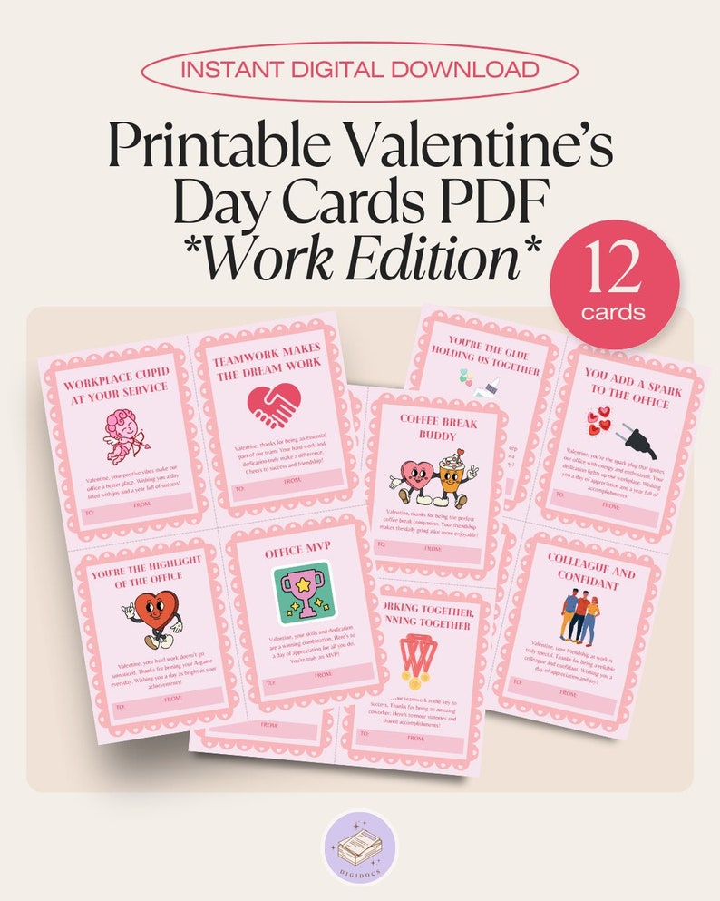 Office Valentines Day Cards Printable PDF Set Of 12 Workplace Appreciation Cards Instant