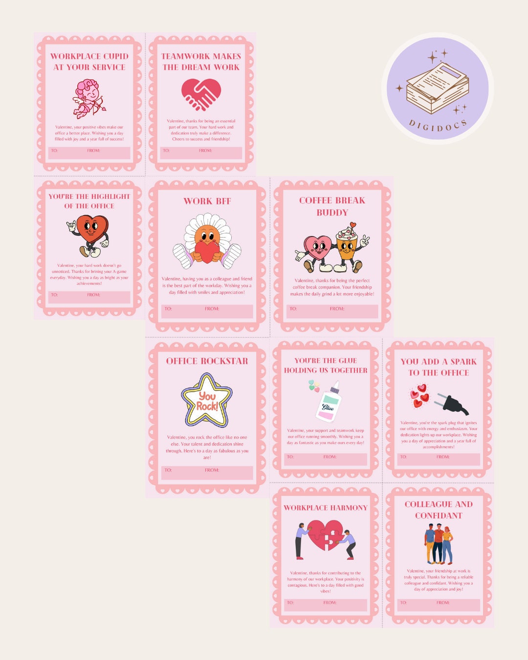 Office Valentines Day Cards Printable PDF Set Of 12 Workplace Appreciation Cards Instant