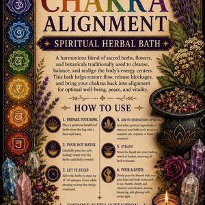 May include: A vintage-style poster with the words "Chakra Alignment" and "Spiritual Herbal Bath." The poster features instructions, illustrations, and images of herbs, crystals, and candles. The color palette includes shades of purple, gold, and brown.