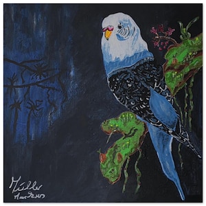 Könnte beinhalten: Acrylbild eines blau-weißen Wellensittichs, der auf einem grünen und roten Ast vor einem dunkelblauen Hintergrund sitzt. Der Vogel hat schwarze und blaue Markierungen auf seinen Flügeln und seinem Rücken. Das Gemälde ist unten links signiert.