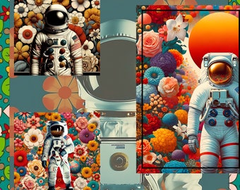 Astronaut retro,flower 1970s style images