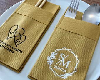 Personalized Napkin, Napkin with Pocket, White Foil Printing Wedding Dinner Napkin, Soft Linen Napkin, Printed Napkins, Air Laid Napkins