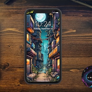 May include: A digital illustration of a futuristic city street with tall buildings, neon lights, and a glowing moon in the sky. The time is 10:24 on Tuesday, 13th September.