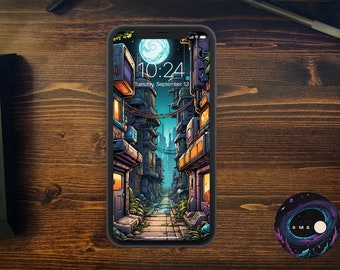 May include: A digital illustration of a futuristic city street with tall buildings, neon lights, and a glowing moon in the sky. The time is 10:24 on Tuesday, September 13.