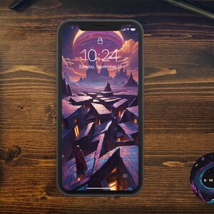 Può includere: Uno smartphone che mostra un orologio digitale con l'ora 10:24 e la data martedì 12 settembre. L'immagine di sfondo è una città futuristica con una combinazione di colori viola e arancio.