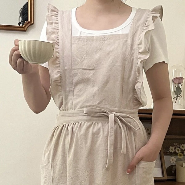 Beige Adjustable Ruffled Apron With Pockets, Pinafore Apron Dress, Vintage Style Apron for Women, Cotton Ruffle Apron, Apron Cottagecore