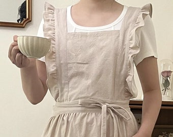 Beige Adjustable Ruffled Apron With Pockets, Pinafore Apron Dress, Vintage Style Apron for Women, Cotton Ruffle Apron, Apron Cottagecore