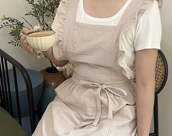 Beige Adjustable Apron With Pocket | Pinafore Apron Dress | Vintage Style Aprons for Women | Cotton Ruffle Apron | Apron for her