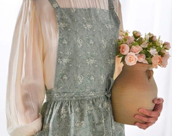 Cross Back Cotton Apron with Flowers Print, Floral Apron, Pinafore Apron, Garden Botanist Apron, Pottery Apron, Apron Cottagecore