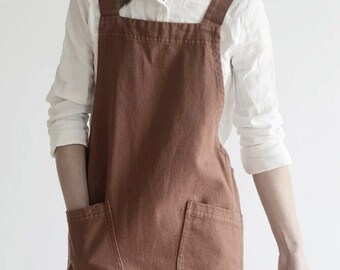 Cotton Apron with Pockets in Terracotta | Pinafore Apron | Cotton Apron | Handmade Apron | Natural Apron for Women