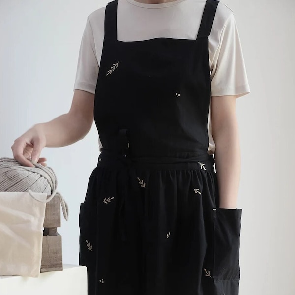 Leaf Embroidered Cotton Apron Dress in Black, Cross Back Pinafore Apron With Pockets, Apron Cottagecore, Embroidery Pure Cotton Apron Dress