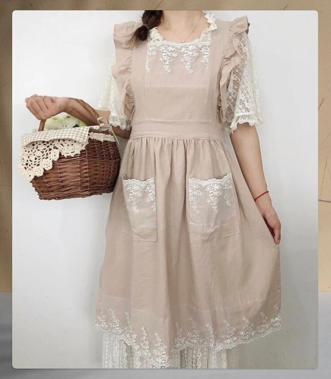 Handmade Lace Beige Apron Ruffles, Cotton Apron With Pockets, Frill ...
