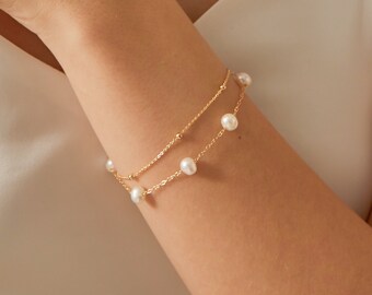 Natuurlijke zoetwaterparel armband, 14K goud gevulde kralen dubbel gelaagde parel armband, bruids bruiloft parel armband, bruidsmeisje cadeau voor haar