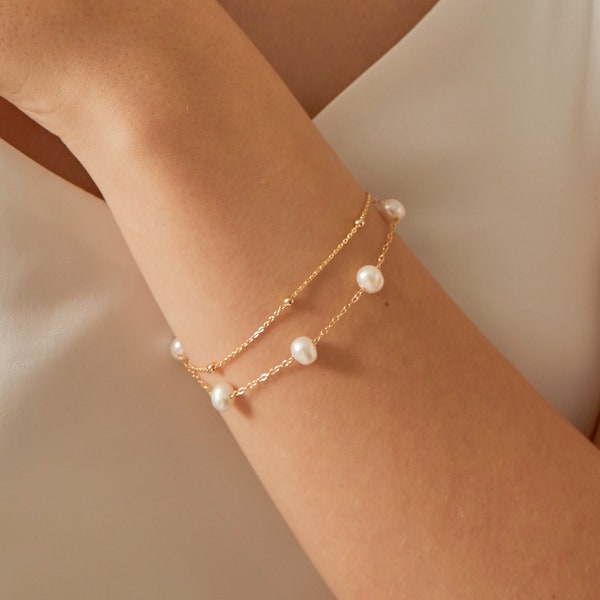 Natürliches Süßwasserperlen-Armband, 14K Gold gefülltes doppellagiges Perlenarmband, Braut-Hochzeits-Perlenarmband, Brautjungfern-Geschenk für Sie