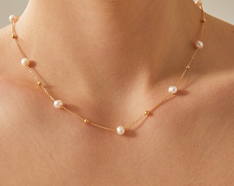 Collier de perles rondes naturelles, Collier de perles en or, Bracelet de perles simple, Parure de bijoux de mariée, Cadeau de demoiselle d'honneur, Cadeau pour la Saint-Valentin, Cadeau pour elle